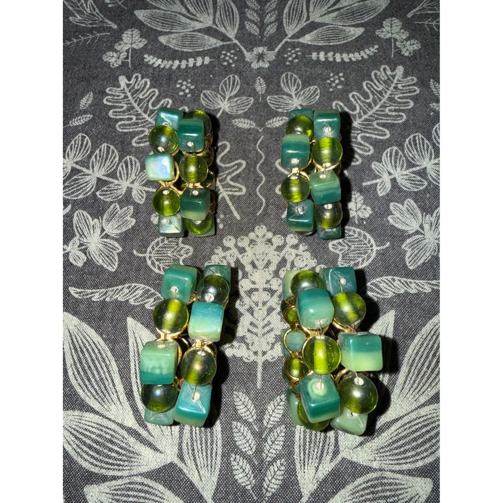 Set of 4 Green‎ Beaded Napkin Rings Gold Wire Glass Bead Table Decor Handmade
